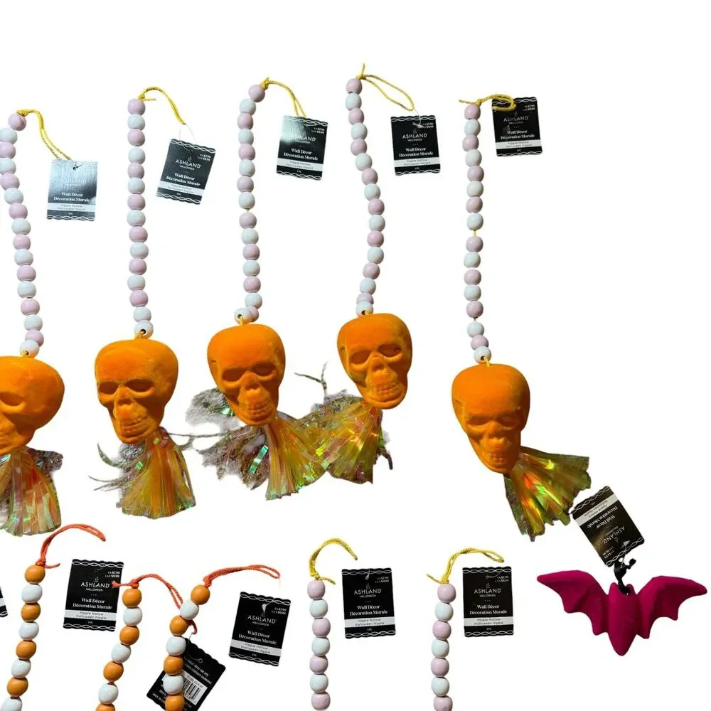 Ashland Halloween Decor Hanging Beads LOT of 17 Skulls Bats Flocked Orange NEW
